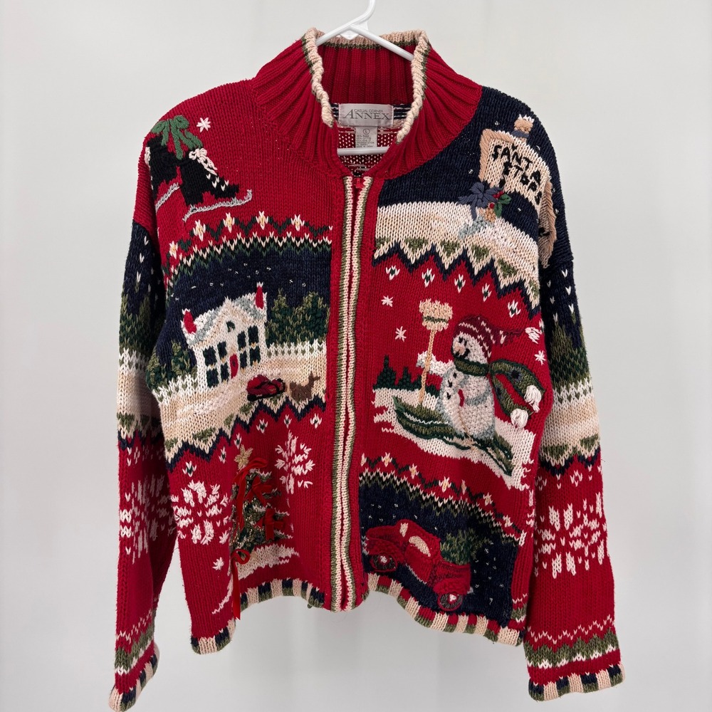 Casual Corner Annex Christmas Cardigan Women L Red Excellent Snowman Truck Zip